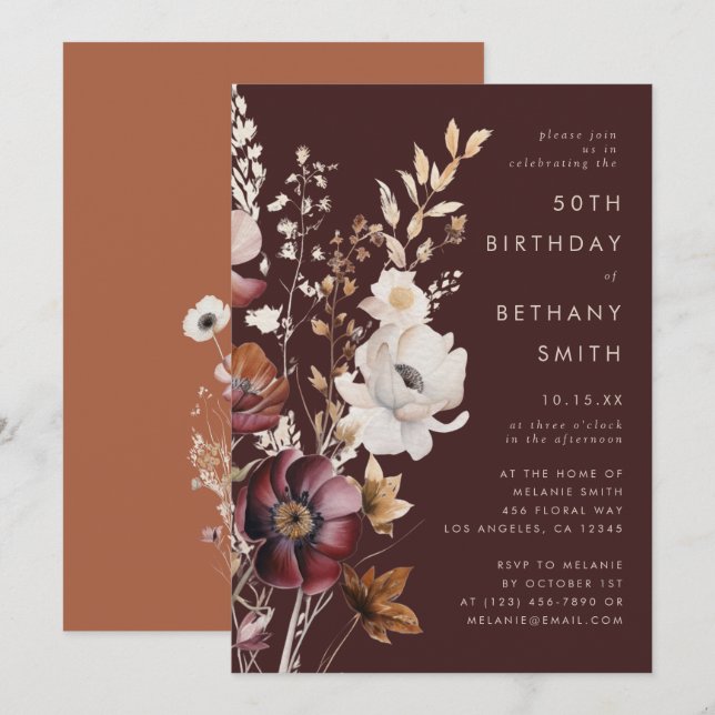 Invitación Fiesta de cumpleaños de Boho Fall Wildflower Brown (Anverso / Reverso)
