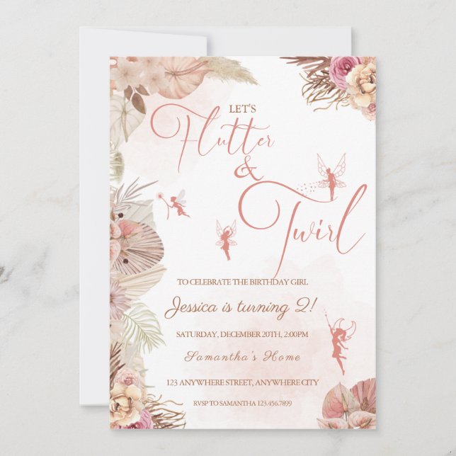 Invitación Fiesta de cumpleaños de Boho Floral Fairies (Anverso)