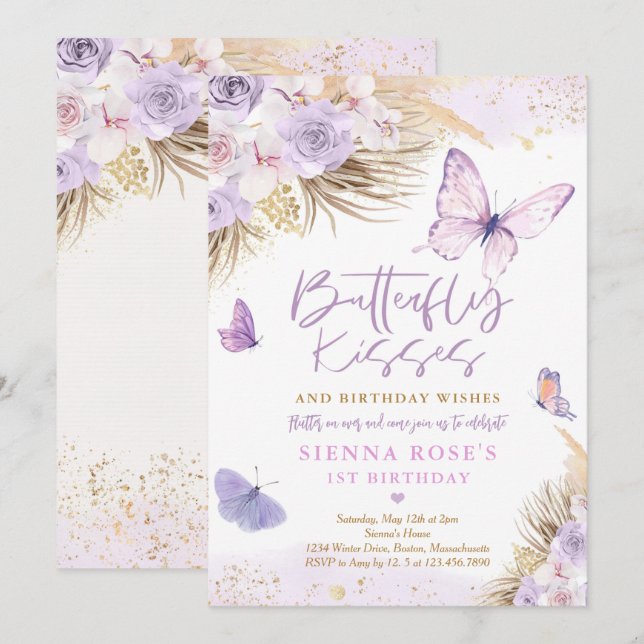 Invitación Fiesta de cumpleaños de Boho Purple Butterfly Pamp (Anverso / Reverso)
