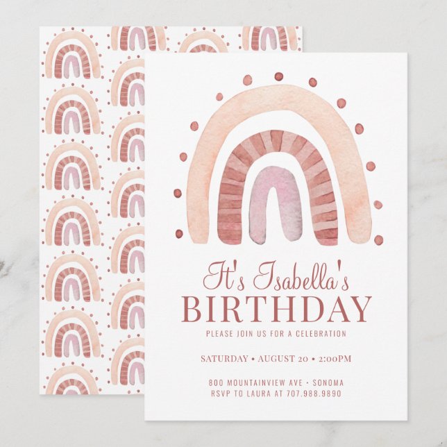 Invitación Fiesta de cumpleaños de Boho Rosy Pink Brown Rainb (Anverso / Reverso)