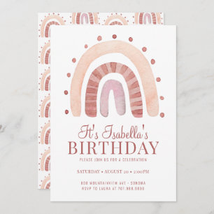 Invitación Fiesta de cumpleaños de Boho Rosy Pink Brown Rainb