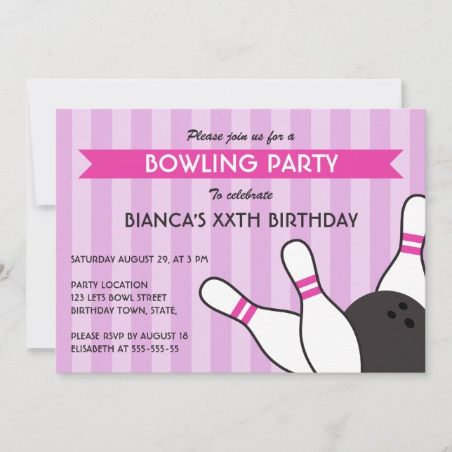Invitación Fiesta de cumpleaños de boliche moderno púrpura y  (Anverso)