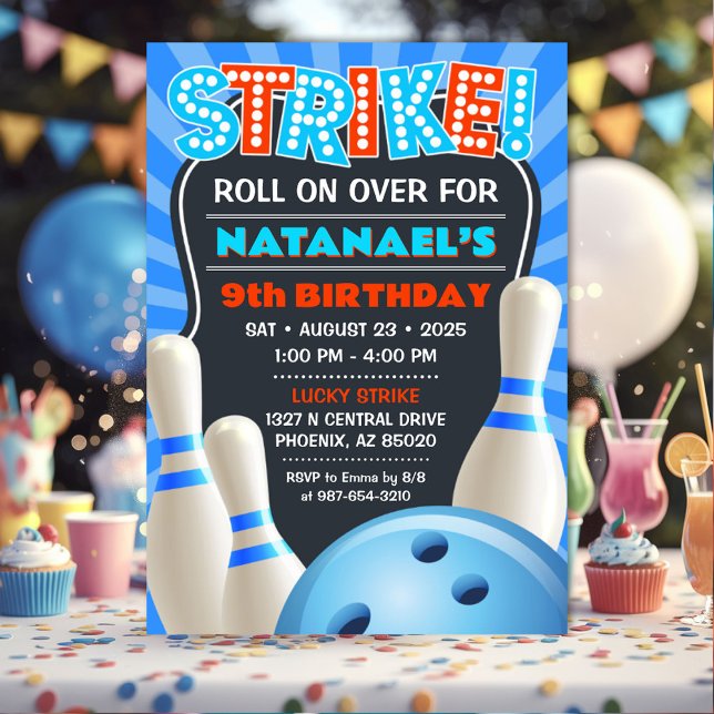 Invitación Fiesta de Cumpleaños de Bolos Azules para Niños (Boys Bowling Party Invitation)
