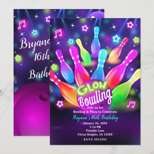 Invitación Fiesta de Cumpleaños de Bolos Brillantes en la Osc (Anverso / Reverso)