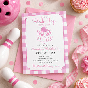Invitación Fiesta de Cumpleaños de Bolos con Gingham Rosa