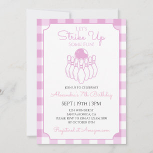 Invitación Fiesta de Cumpleaños de Bolos con Gingham Rosa