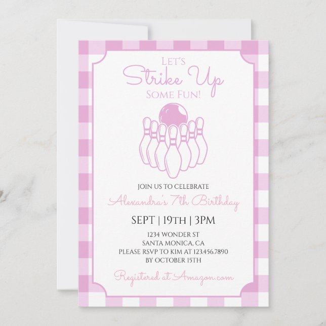 Invitación Fiesta de Cumpleaños de Bolos con Gingham Rosa (Anverso)