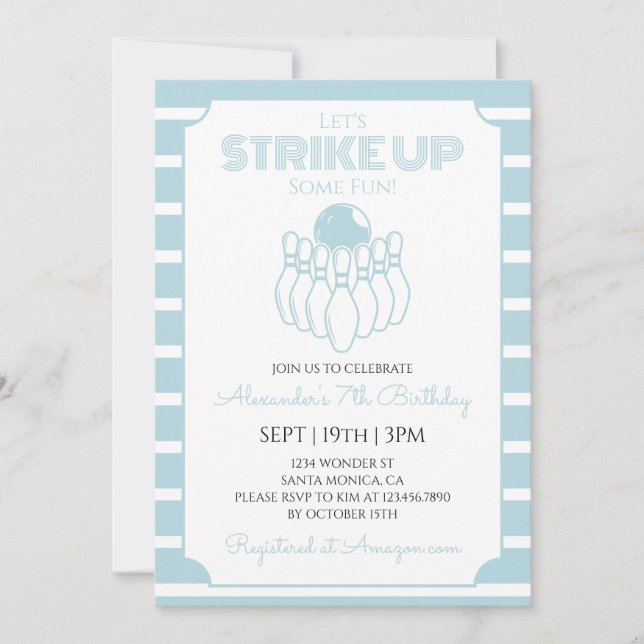 Invitación Fiesta de Cumpleaños de Bolos con Rayas Azules (Anverso)