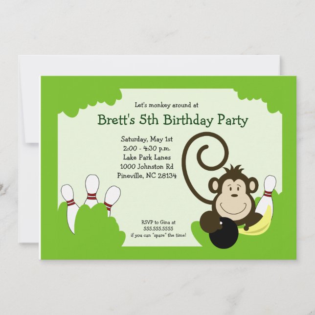 Invitación Fiesta de Cumpleaños de Bolos en Monkey Bowl 5x7 (Anverso)