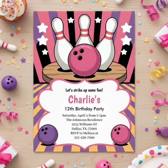 Invitación Fiesta de Cumpleaños de Bolos para Chicas Retro Ro (Subido por el creador)