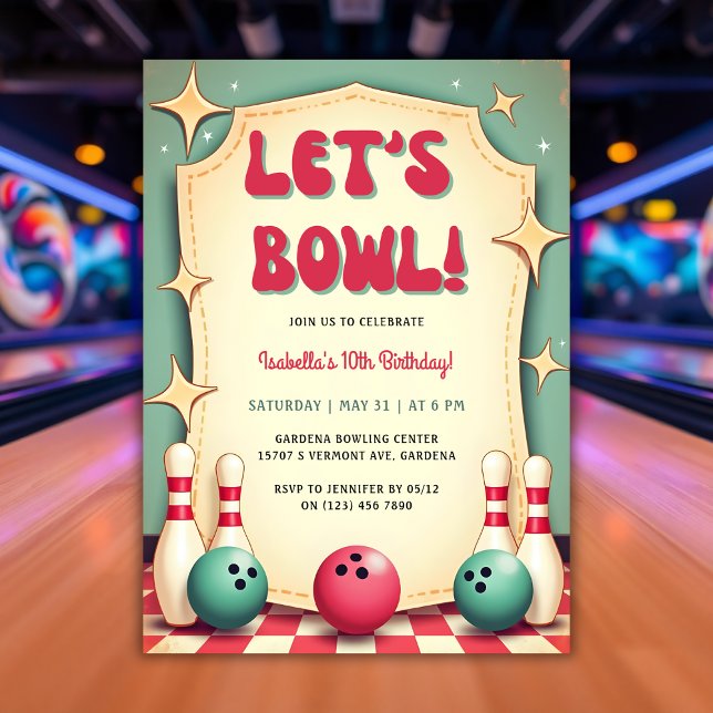 Invitación Fiesta de cumpleaños de bolos Retro 50 (Retro 50s Bowling Birthday Party Invitation)