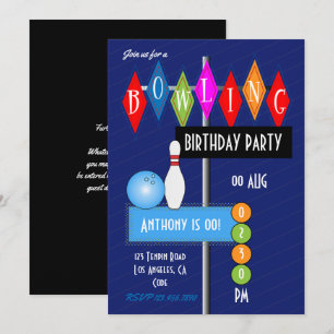 Invitación Fiesta de Cumpleaños de Bolos Retro Azul Real