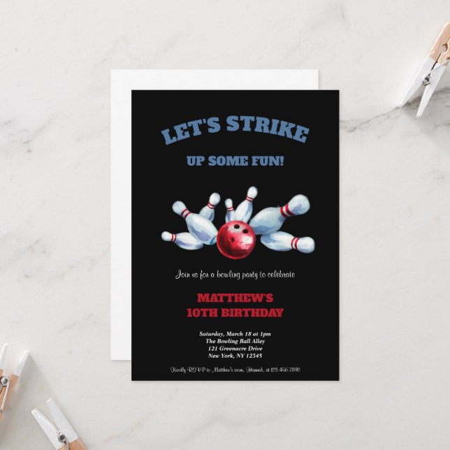 INVITACIÓN FIESTA DE CUMPLEAÑOS DE BOLOS ROJO, AZUL Y NEGRO  (Anverso/Reverso In Situ)