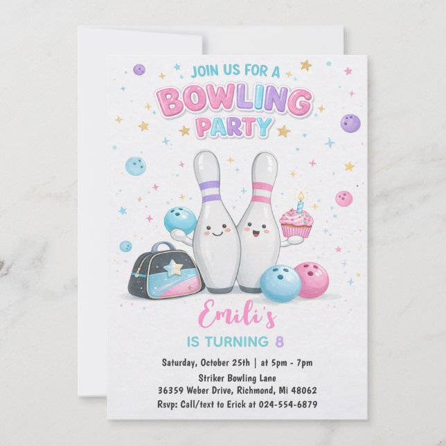 Invitación Fiesta de Cumpleaños de Bolos Rosa Personalizada (Anverso)