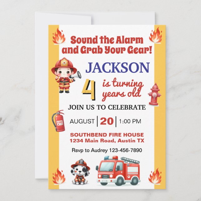 Invitación Fiesta de Cumpleaños de Bombero Sin Edad (Anverso)
