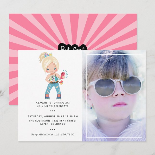 Invitación Fiesta de cumpleaños de Booth Selfie, foto chica (Anverso / Reverso)