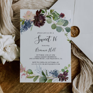 Invitación Fiesta de cumpleaños de Borgoña Floral Greenery