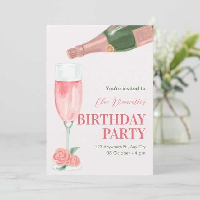 Invitación Fiesta de cumpleaños de botella de champán rosa (Anverso de pie)
