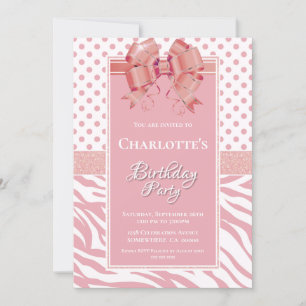 Invitación Fiesta de cumpleaños de Bow Rosado