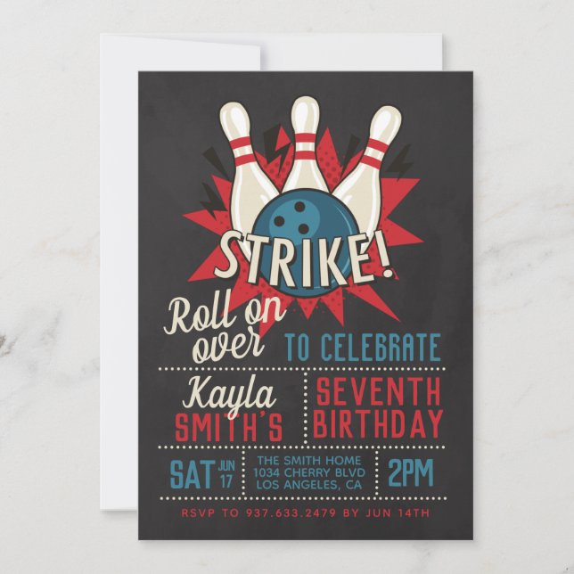 Invitación Fiesta de cumpleaños de Bowling (Anverso)