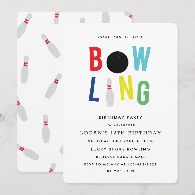 Invitación Fiesta de cumpleaños de Bowling Fun Kid Invitation (Anverso / Reverso)