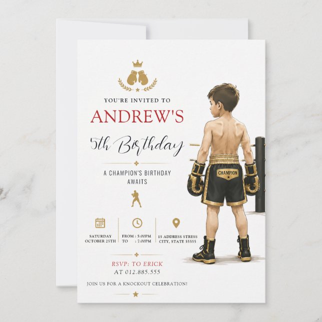 Invitación Fiesta de cumpleaños de boxeo personalizada (Anverso)