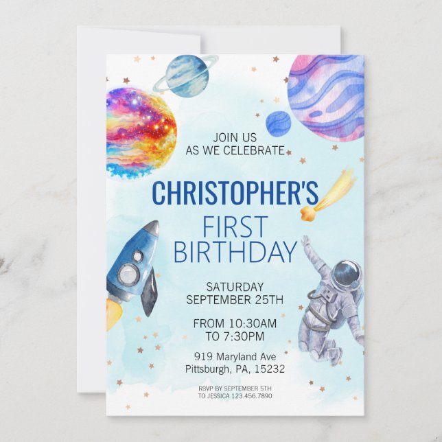 Invitación Fiesta de cumpleaños de Boy Astronaut Space (Anverso)