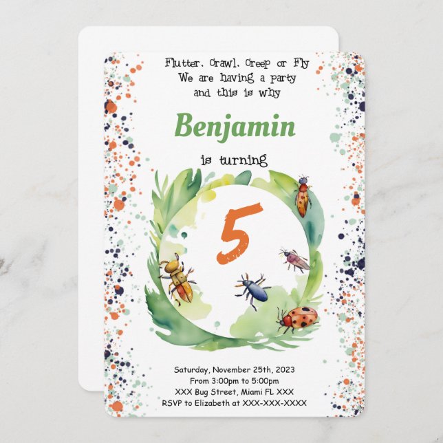Invitación Fiesta de cumpleaños de Boy Bug editable (Anverso / Reverso)