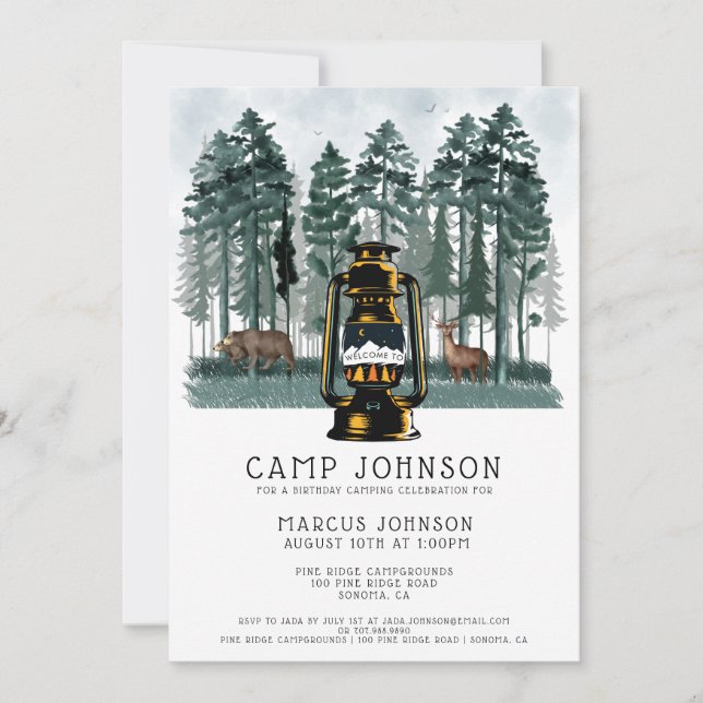 Invitación Fiesta de cumpleaños de Boy Forest Woodland Campin (Anverso)