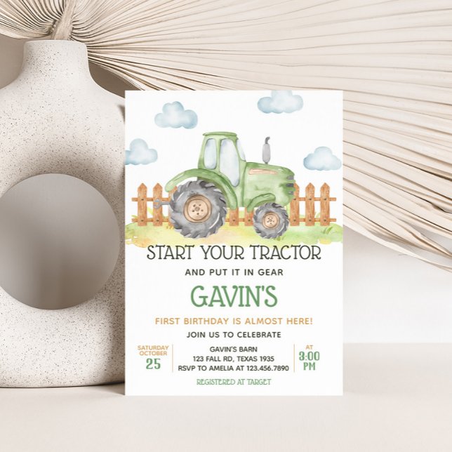 Invitación Fiesta de cumpleaños de Boy Green Tractor (Green Tractor Birthday Party Invitation)