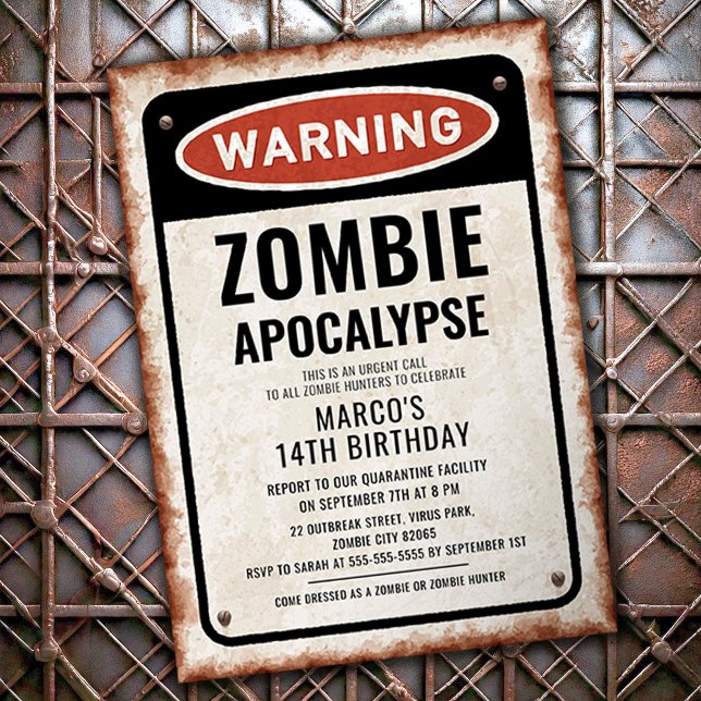 Invitación Fiesta de cumpleaños de brote de zombis con letrer (Subido por el creador)