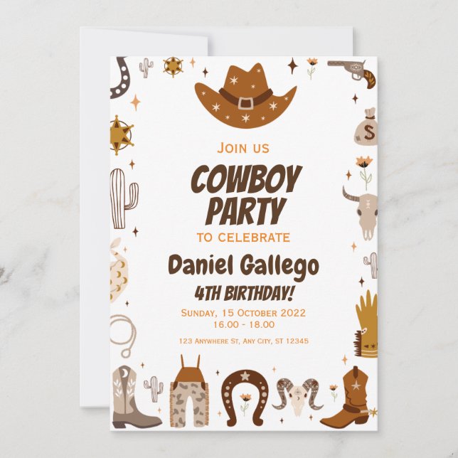 Invitación Fiesta de cumpleaños de Brown Cute Cowboy (Anverso)