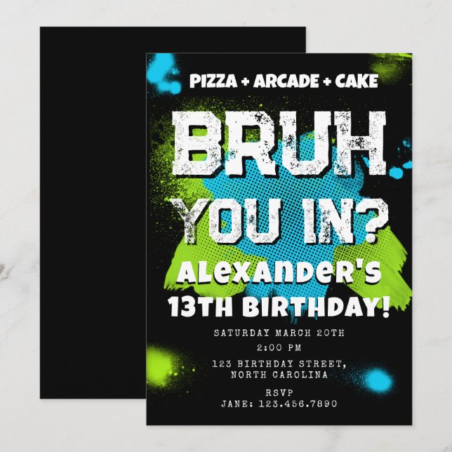 Invitación Fiesta de Cumpleaños de Bruh Boy Adolescente Joven (Anverso / Reverso)