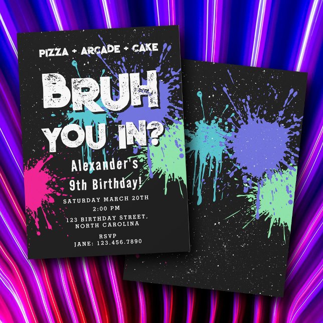 Invitación Fiesta de Cumpleaños de Bruh Boy Neon Graffiti Ado (Bruh Boy's Birthday Party Neon Graffiti Teenager Invitation)