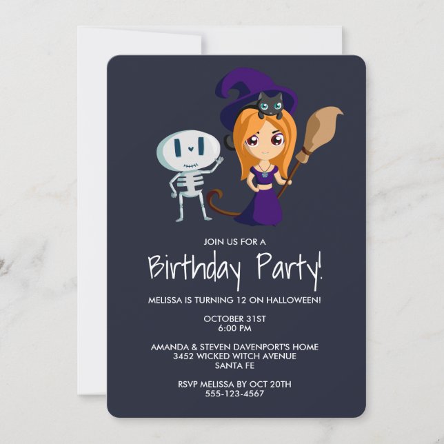 Invitación Fiesta de cumpleaños de bruja adorable con gato ne (Anverso)