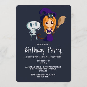 Invitación Fiesta de cumpleaños de bruja adorable con gato ne