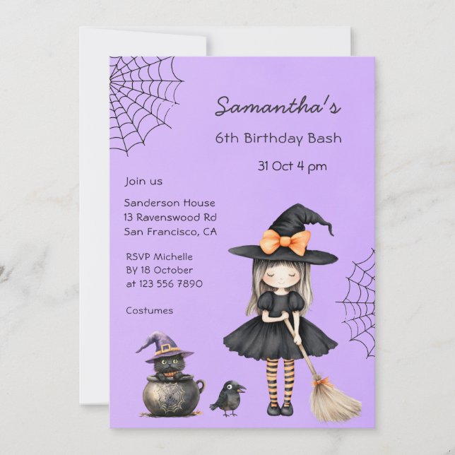 Invitación Fiesta de cumpleaños de bruja adorable Halloween (Anverso)