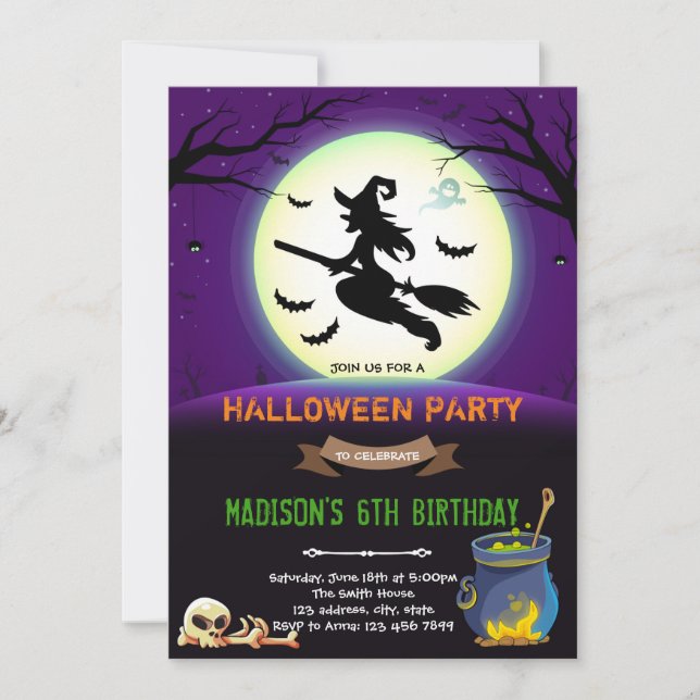 Invitación Fiesta de cumpleaños de brujas de Halloween (Anverso)
