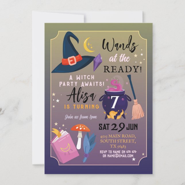 Invitación Fiesta De Cumpleaños De Brujas En El Rosa De Los C (Anverso)