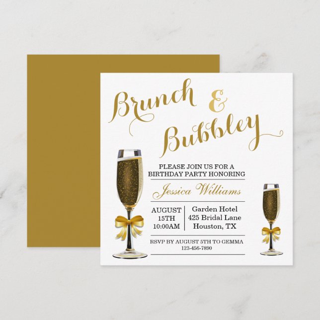 Invitación Fiesta de cumpleaños de Bubbly y Brunch (Anverso / Reverso)