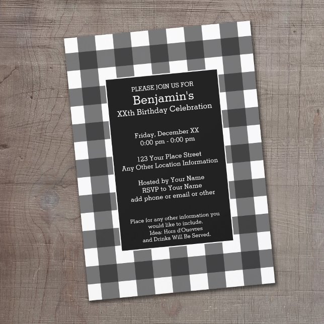 Invitación Fiesta de cumpleaños de búfalo blanco y negro rúst (Buffalo Plaid Birthday Party Invitation)