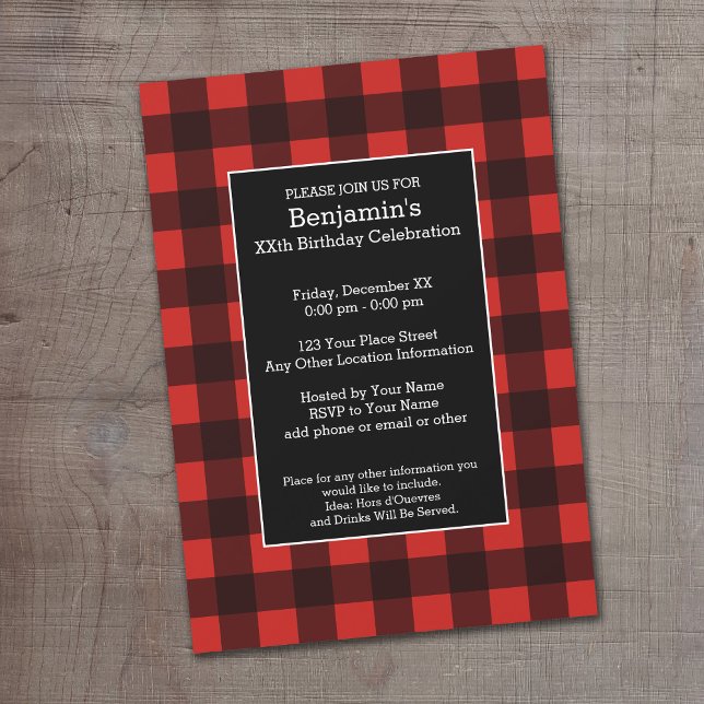 Invitación Fiesta de cumpleaños de búfalo negro y rojo rústic (Buffalo Plaid Birthday Party Invitation)