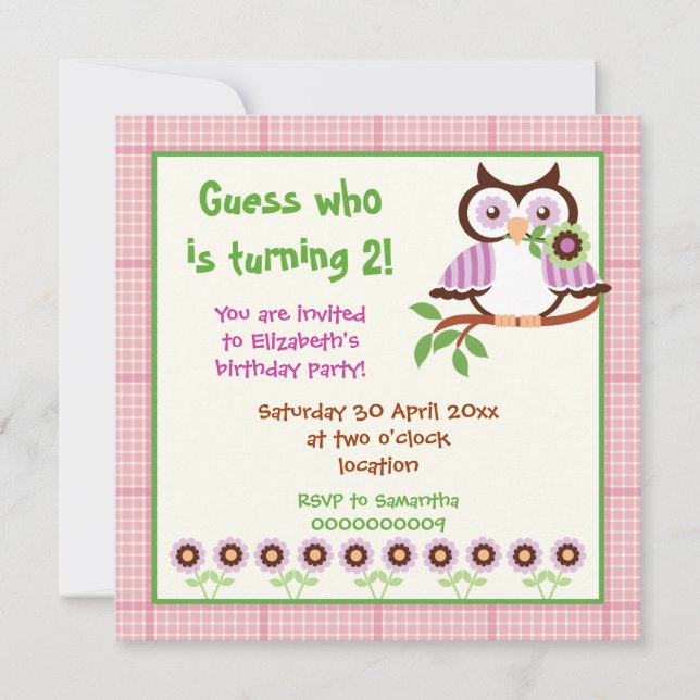 Invitación Fiesta de cumpleaños de búho de primavera (Anverso)