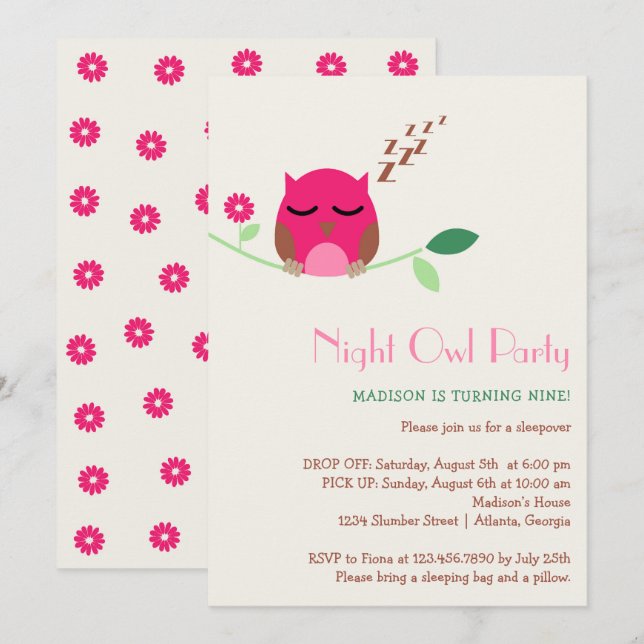 Invitación Fiesta de cumpleaños de búho nocturno (Anverso / Reverso)