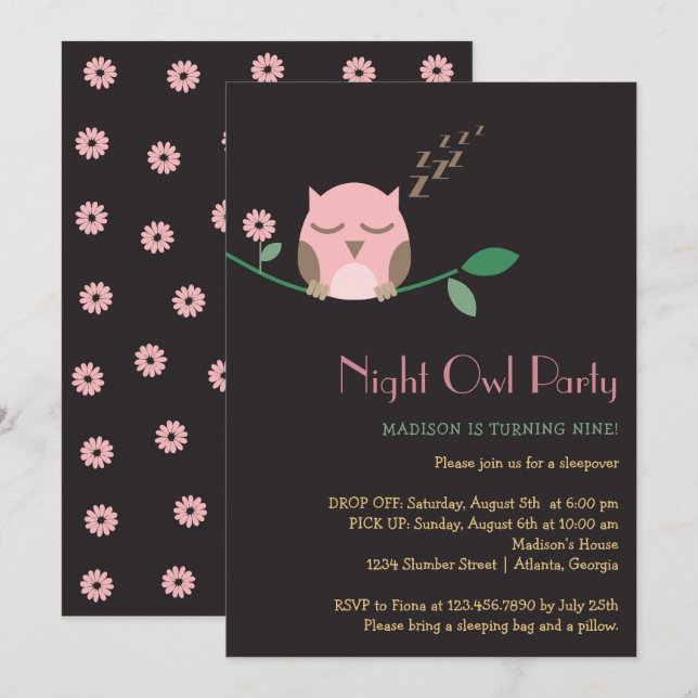 Invitación Fiesta de cumpleaños de búho nocturno (Anverso / Reverso)