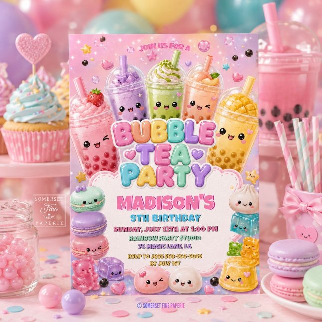 Invitación Fiesta de Cumpleaños de Burbujas de Té de Arcoíris (Cute Rainbow Sparkles Glitter Bubble Tea Squishies Girly Birthday Party Invitation Card)