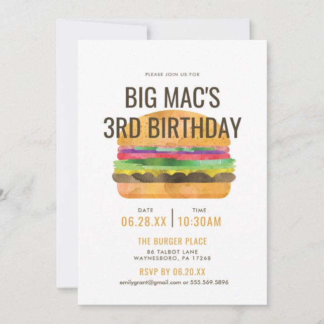 Invitación Fiesta de cumpleaños de Burger (Anverso)