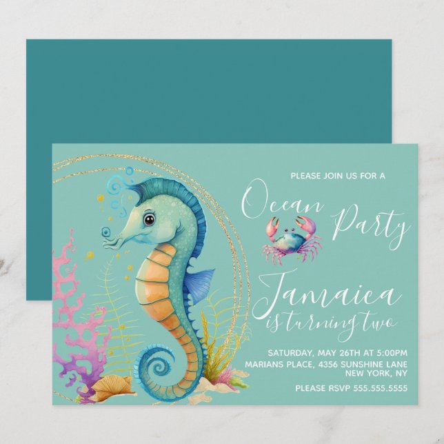 Invitación Fiesta de cumpleaños de caballito de mar de acuare (Anverso / Reverso)
