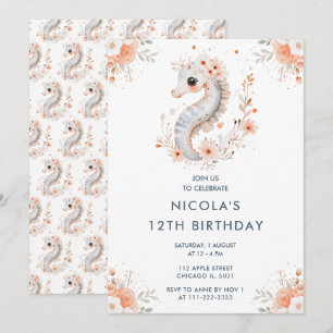 Invitación Fiesta de cumpleaños de caballito de mar floral li