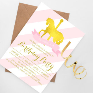 Invitación Fiesta de cumpleaños de caballo de carrusel rosado